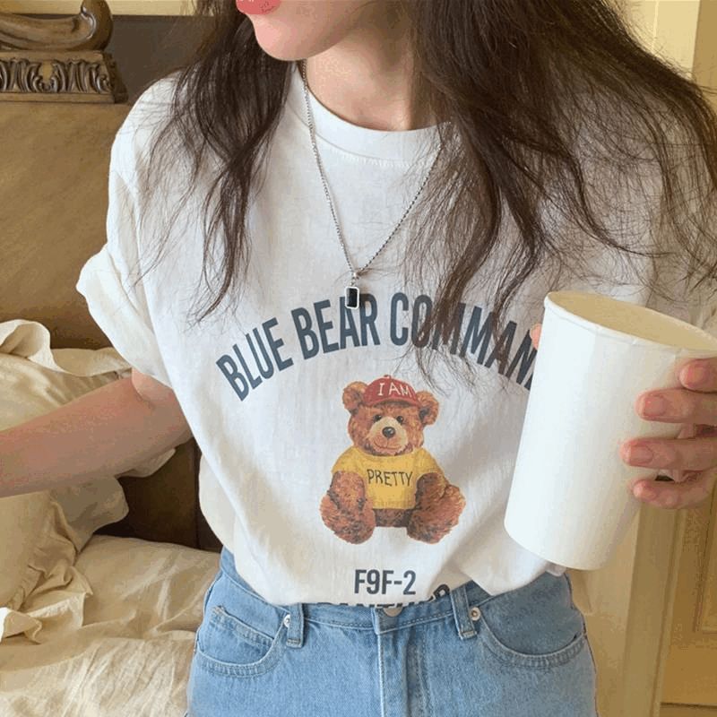 귀여운 곰 프린팅 티셔츠 라운드넥  데일리 여자 예쁜 여름 봄 반팔 티 상의 인쇄 탑