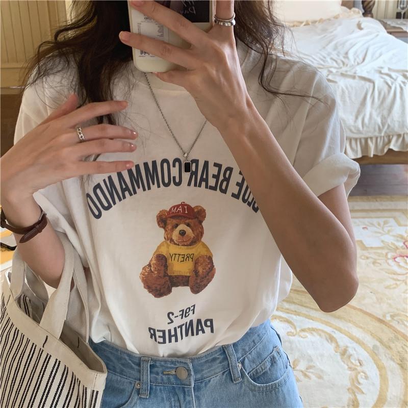 귀여운 곰 프린팅 티셔츠 라운드넥  데일리 여자 예쁜 여름 봄 반팔 티 상의 인쇄 탑